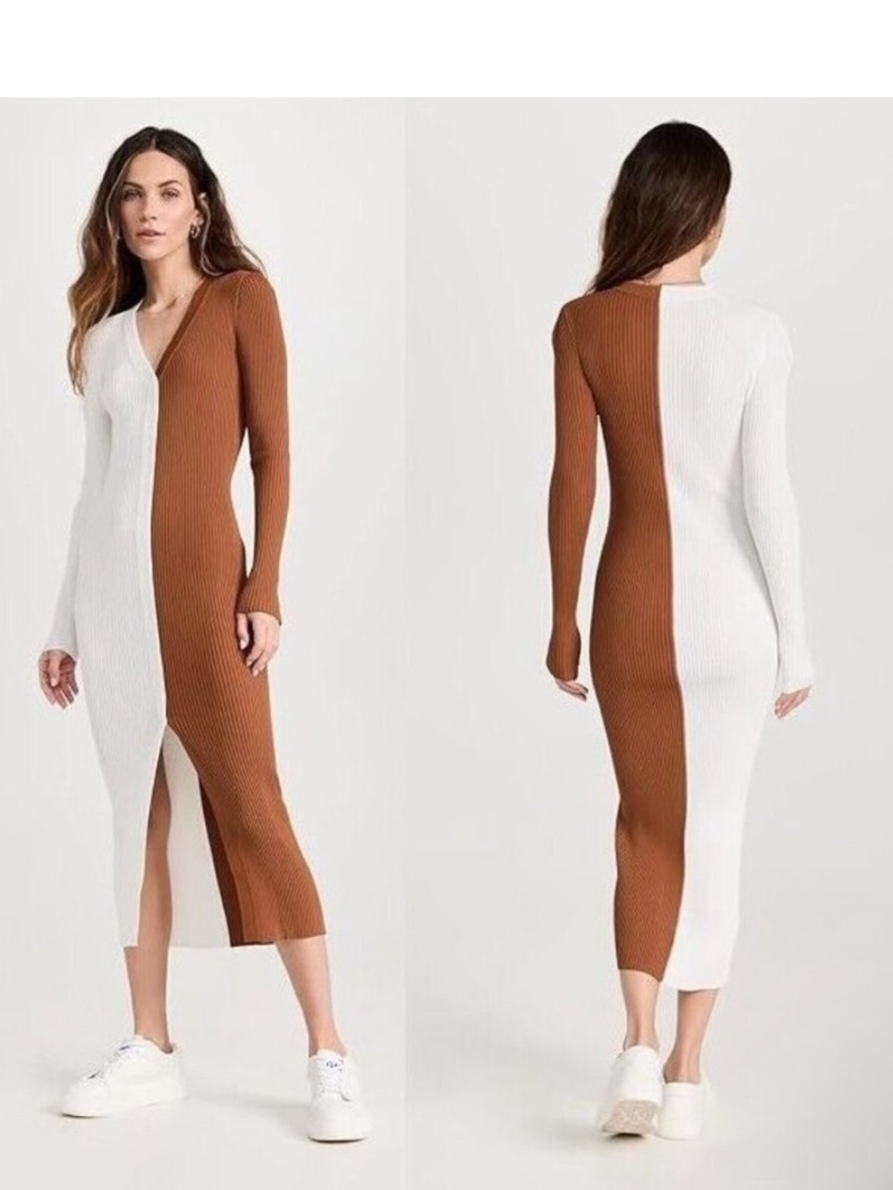 STAUD Shoko Colorblock Bodycon Sweater Dress Ribbed White Brown XS